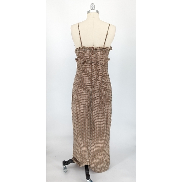 Love and Piece Floral Maxi Dress Tan Green M retro summer ruffle bohemian party - Picture 2 of 9